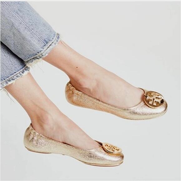 Tory Burch Logo Spark Gold Leather Minnie Travel Ballet Flats Size 5.5M - Picture 2 of 13